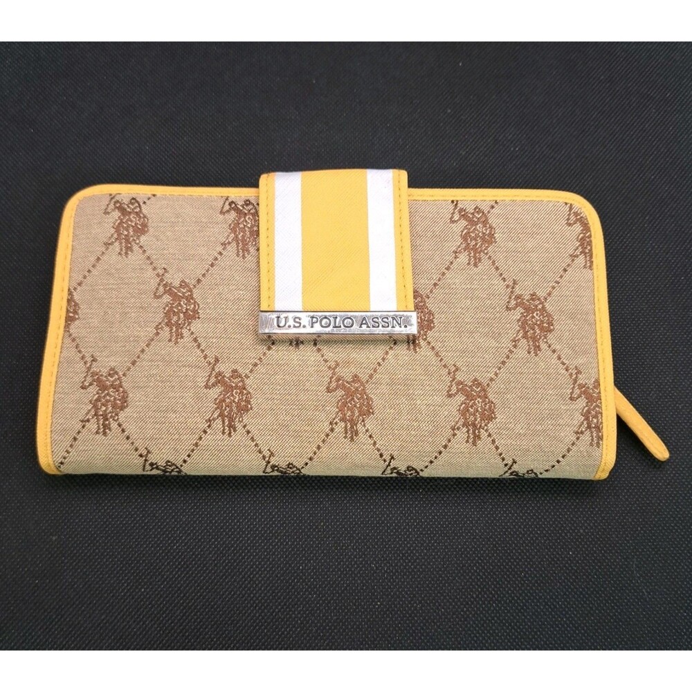 U.S. Polo Assn Tan Canvas Zip Around Womens Wallet Brown Monogram Yellow Trim